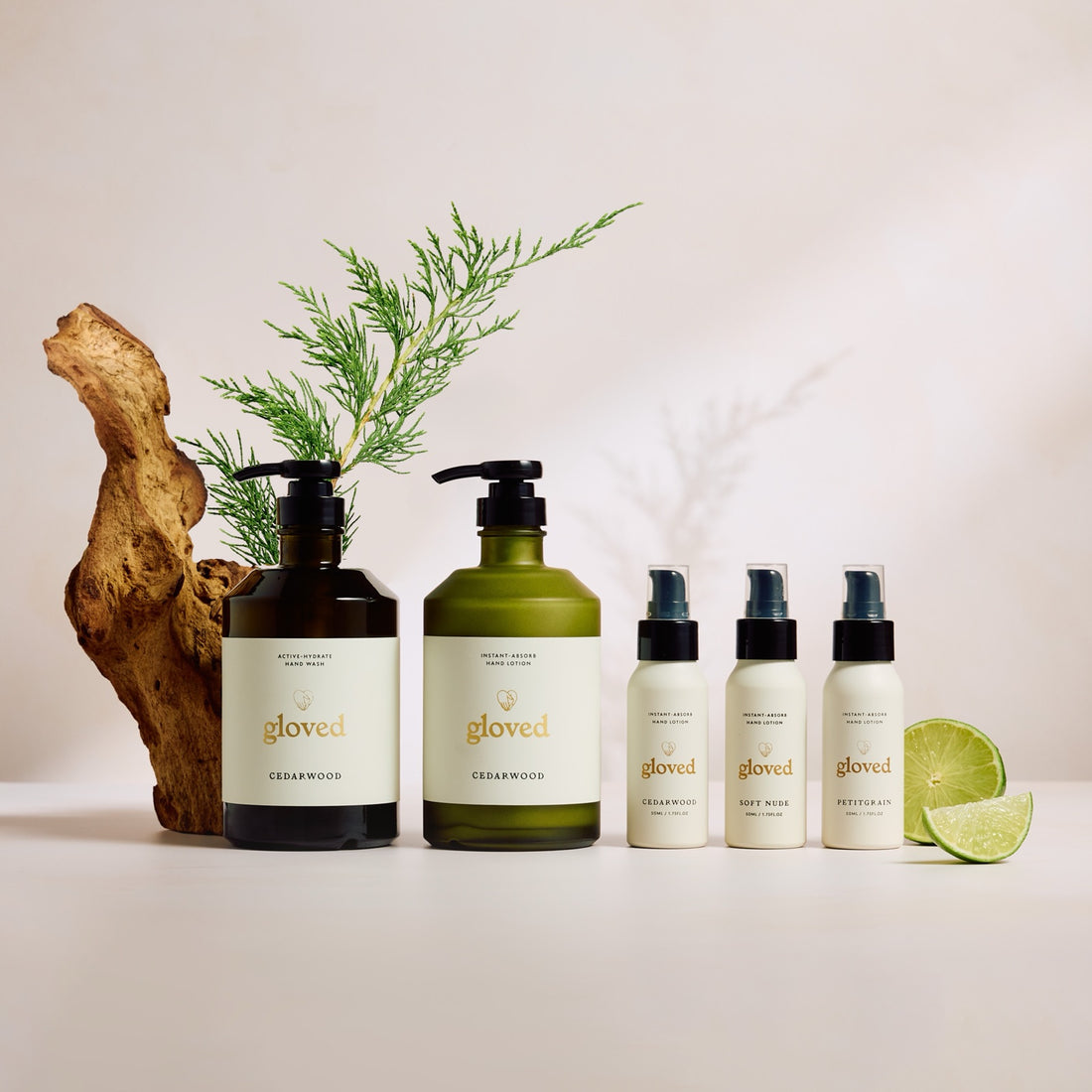 The Cedarwood Starter Set: hand wash, hand lotion and three mini lotions, photographed in the scent studio
